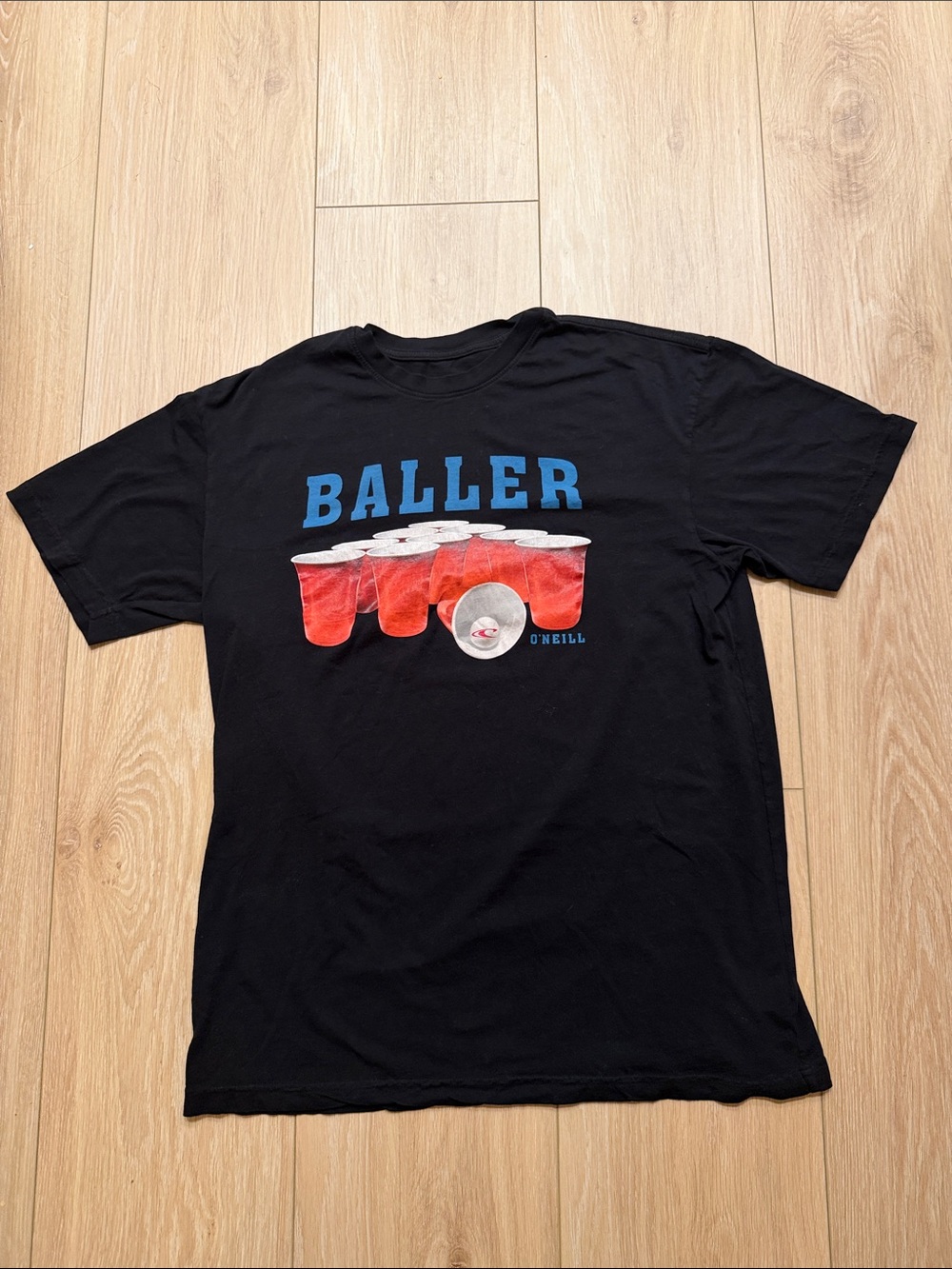 O'Neill Black Tee with Blue Baller Graphic and Red Cups